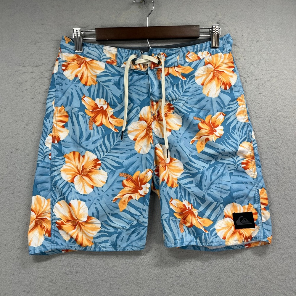 Quiksilver Board Shorts Mens 29 Blue Floral Hibiscus Recycled Swim Trunks Beach